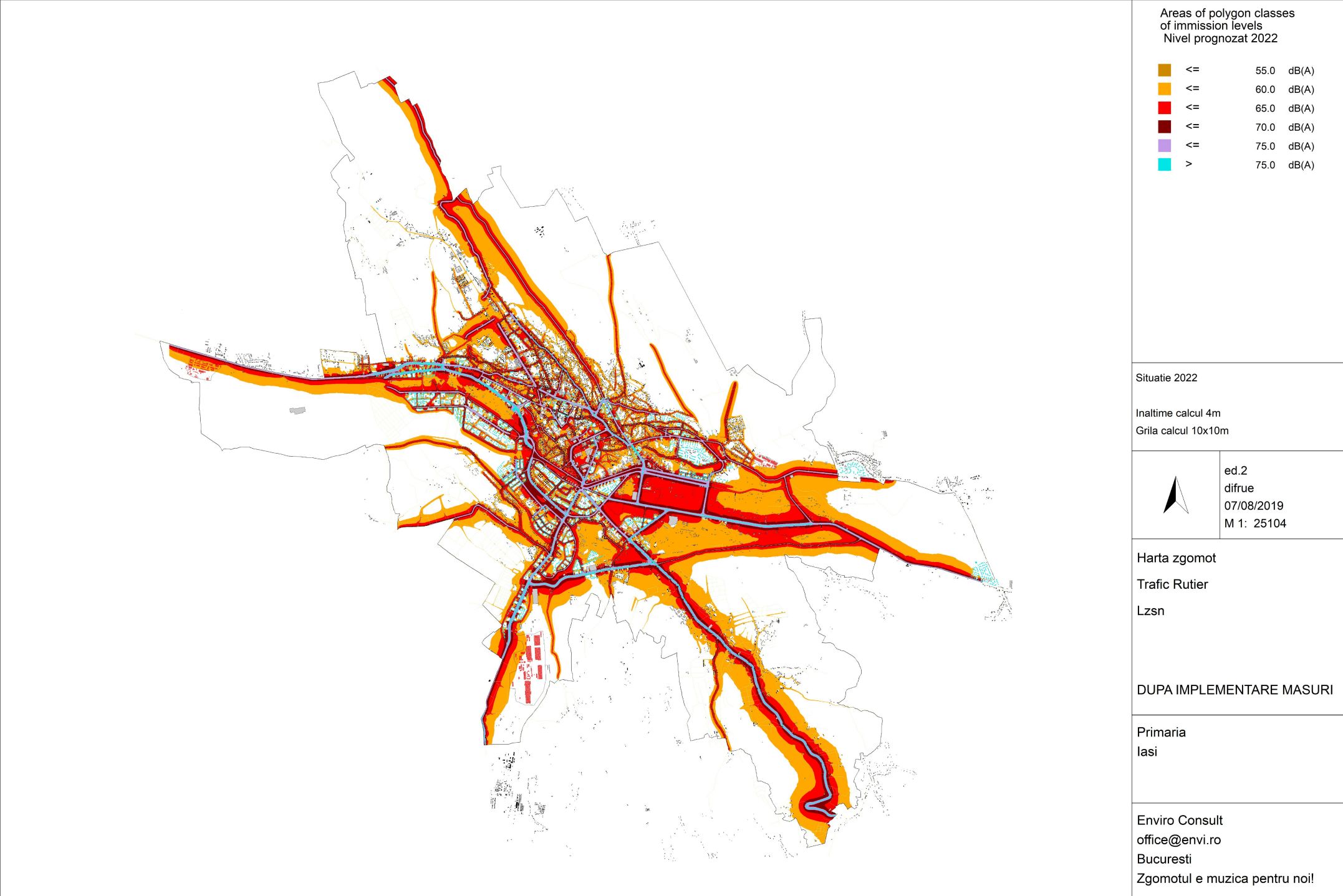 Harta zgomotului din Iași, după cum se poate vedea, nu mai are nevoie de nicio prezentare. Este roși, portocalie iar pe alocuri albastră- cel mai mare nivel de poluare fonică
